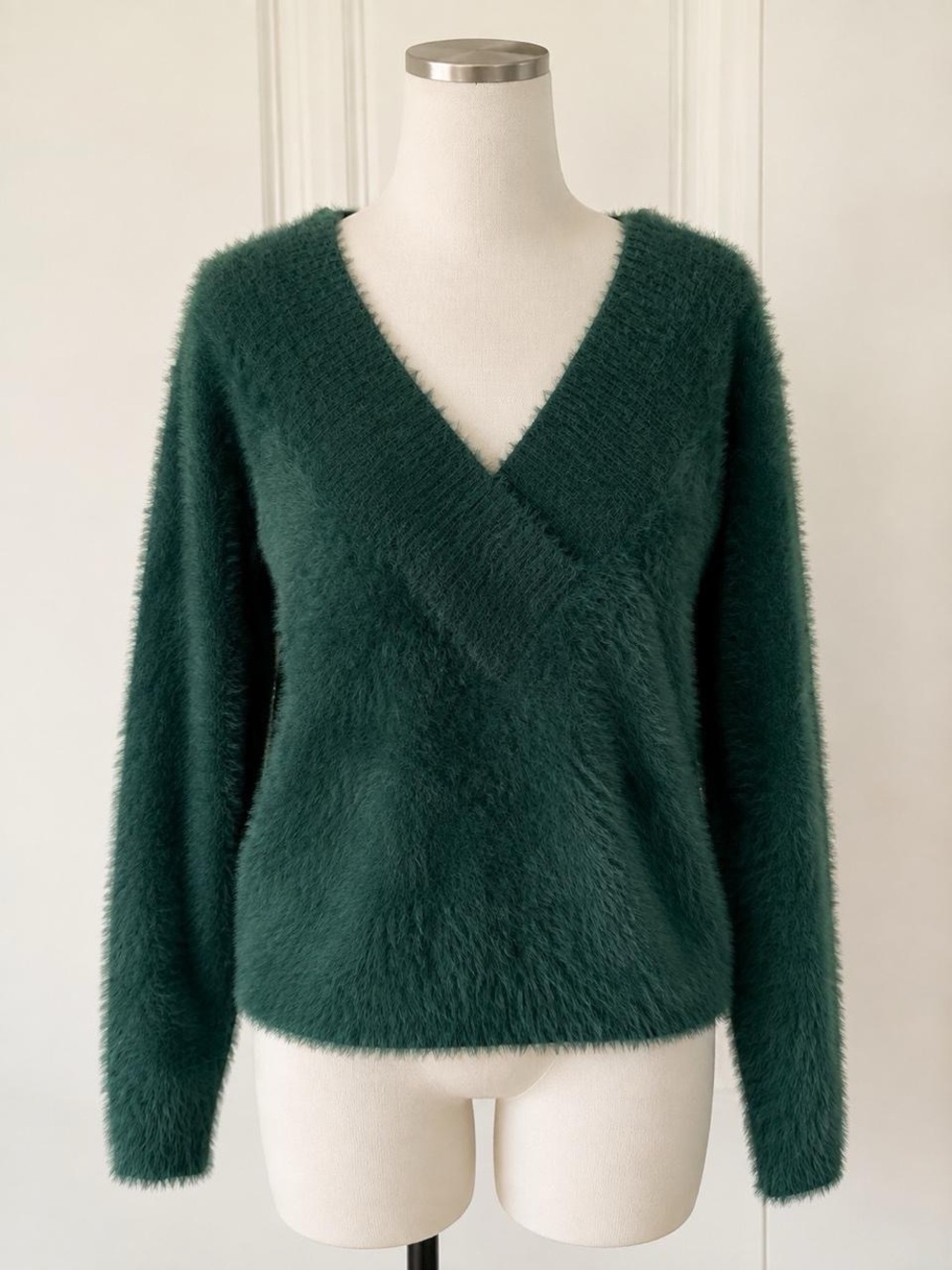 a new day Deep Green Fuzzy V-Neck Sweater